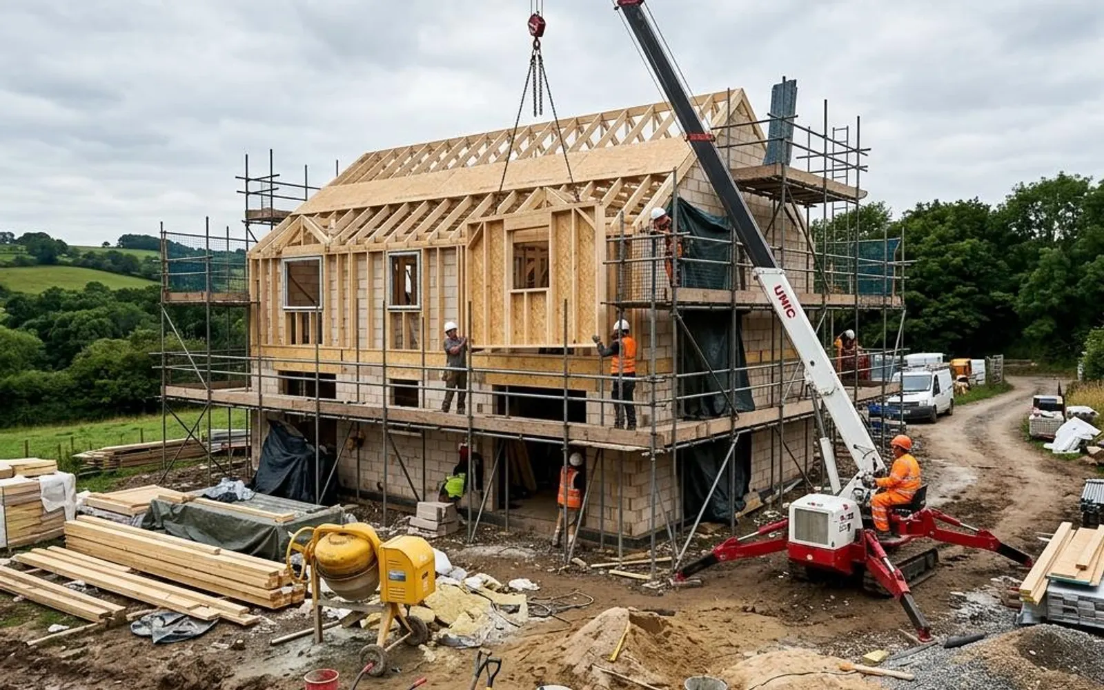 Autokran hebt ein Wandelement über ein eingerüstetes Bausatzhaus im Rohbau.