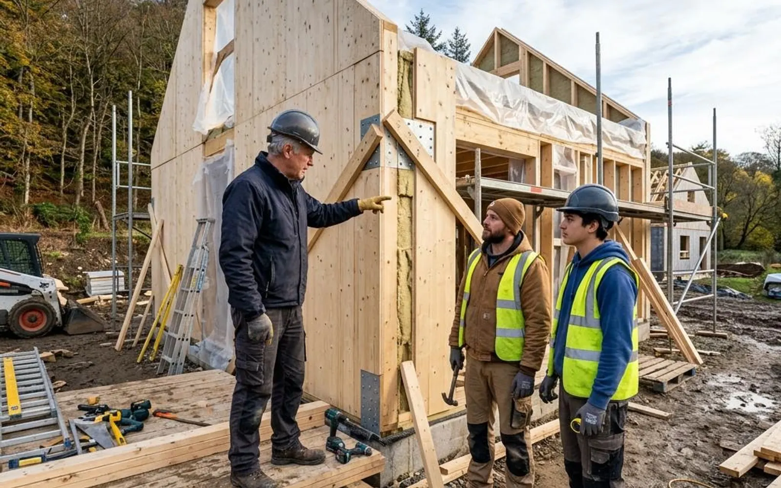 Ein Montageteam setzt gemeinsam mit dem Bauherrn ein vorgefertigtes Wandelement auf der Baustelle.