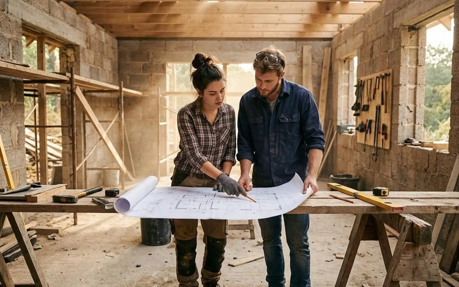 Ein junges Paar bespricht den Bauplan im Rohbau des Hauses, das es in Eigenleistung errichtet.
