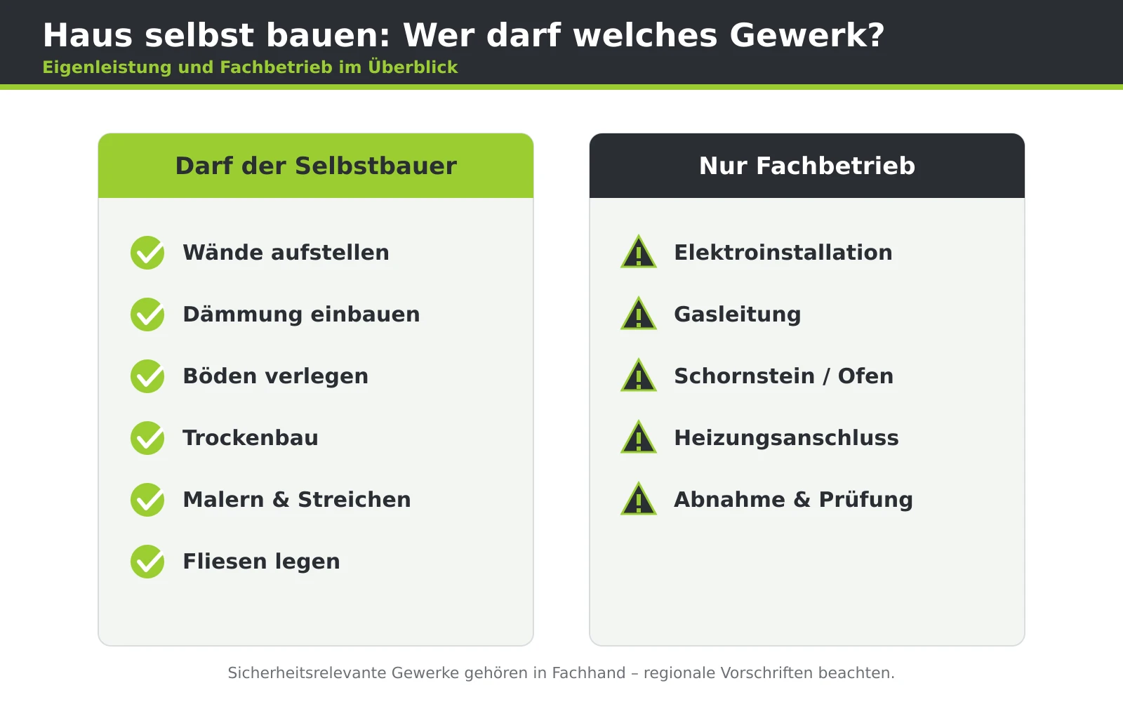 Übersichtsgrafik, die Bau-Gewerke danach sortiert, ob Bauherren sie selbst erledigen oder einem Fachbetrieb überlassen sollten.