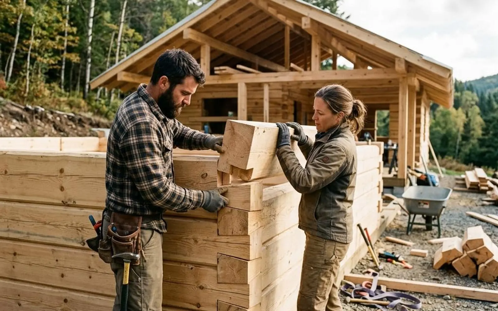 Zwei Bauhelfer setzen eine nummerierte Blockbohle auf die bereits gestapelte Wand eines Holzhauses.