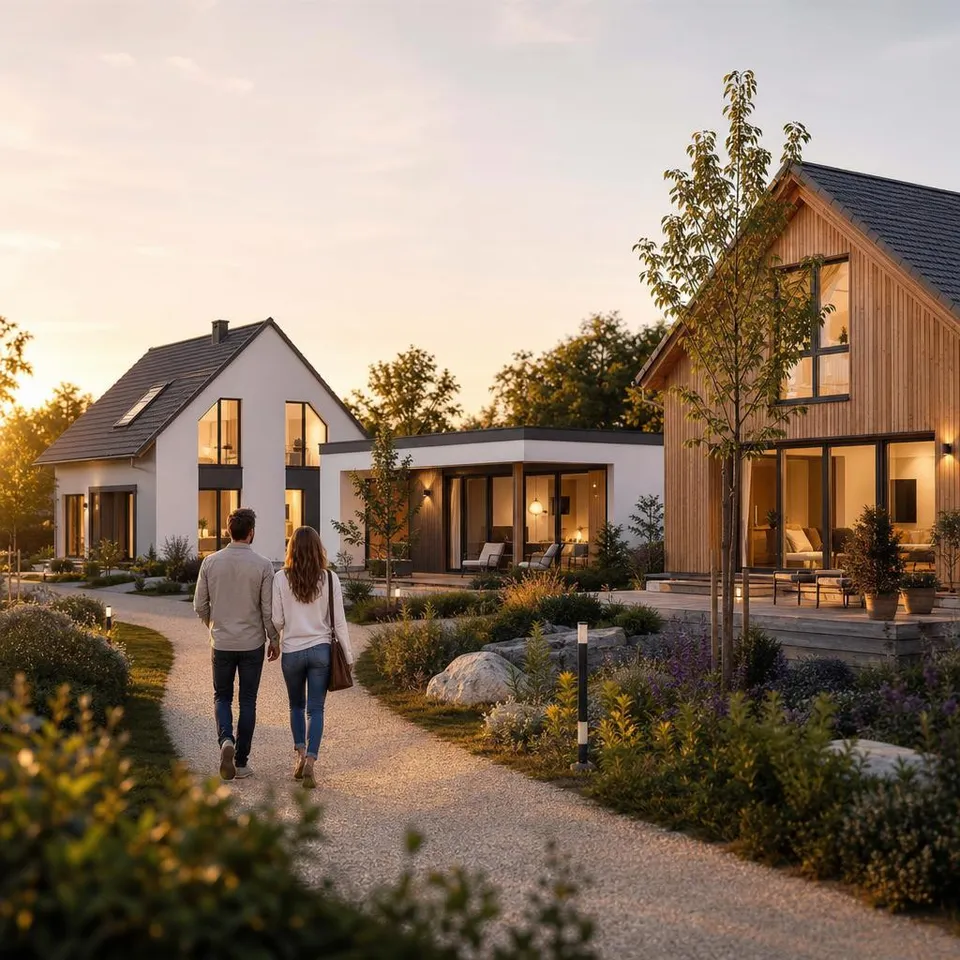 Bausatz-Anbieter vergleichen: Musterhäuser verschiedener Anbieter Musterhäuser verschiedener Bausatz-Anbieter im Vergleich – Holz-Bausatzhaus, Bungalow und Einfamilienhaus im Abendlicht