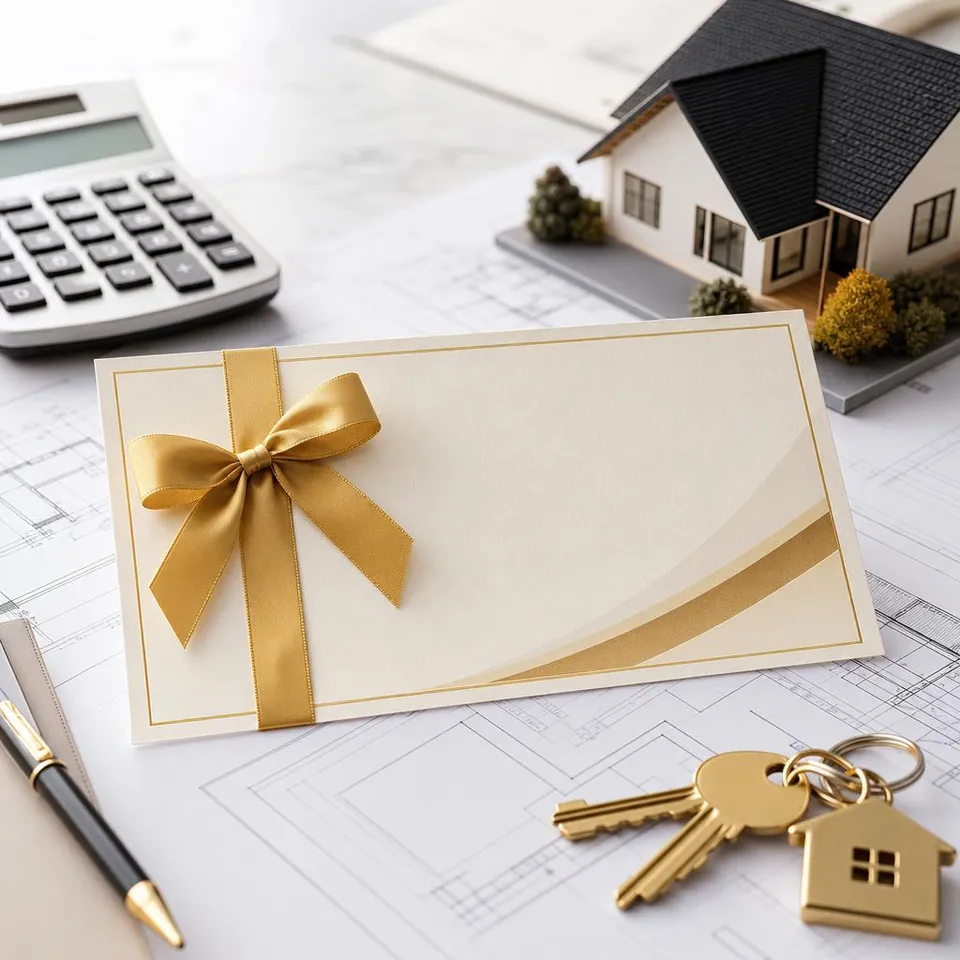 Gutschein auf Kostenplan mit Taschenrechner, Hausschlüsseln und Modellhaus – Gutschein für eine Kosten- und Budgetberatung beim Fertighaus Gutschein auf Kostenplan mit Taschenrechner, Hausschlüsseln und Modellhaus – Gutschein für eine Kosten- und Budgetberatung beim Fertighaus