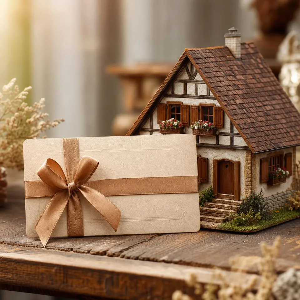 Gutschein mit Schleife neben Modellhaus im Landhausstil mit Fensterläden und Blumenkästen – Stil-Gutschein für ein Fertighaus im Landhausstil Gutschein mit Schleife neben Modellhaus im Landhausstil mit Fensterläden und Blumenkästen – Stil-Gutschein für ein Fertighaus im Landhausstil