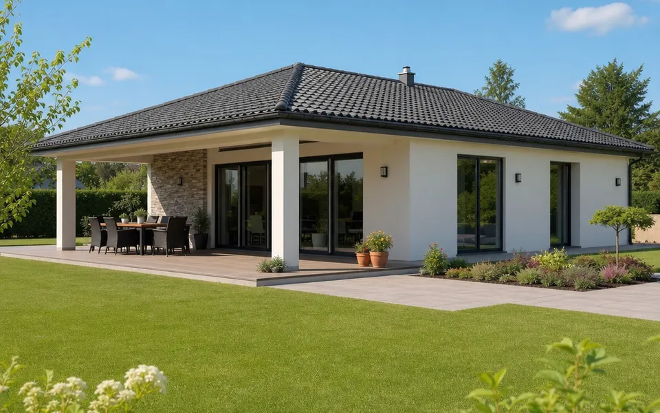 Ebenerdiger Bungalow mit überdachter Terrasse, raumhohen Fenstern und schwellenlosem Zugang – barrierefreier Neubau 2026 Ebenerdiger Bungalow mit überdachter Terrasse, raumhohen Fenstern und schwellenlosem Zugang – barrierefreier Neubau 2026