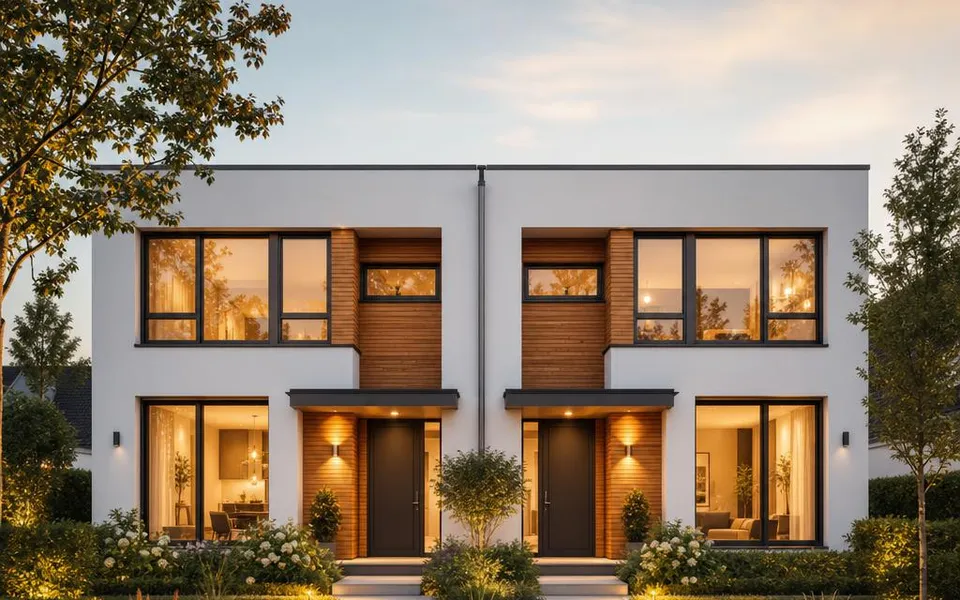 Modernes Doppelhaus mit zwei spiegelgleichen Haushälften und eigenen Eingängen – Baukosten je Wohneinheit 2026 Modernes Doppelhaus mit zwei spiegelgleichen Haushälften und eigenen Eingängen – Baukosten je Wohneinheit 2026