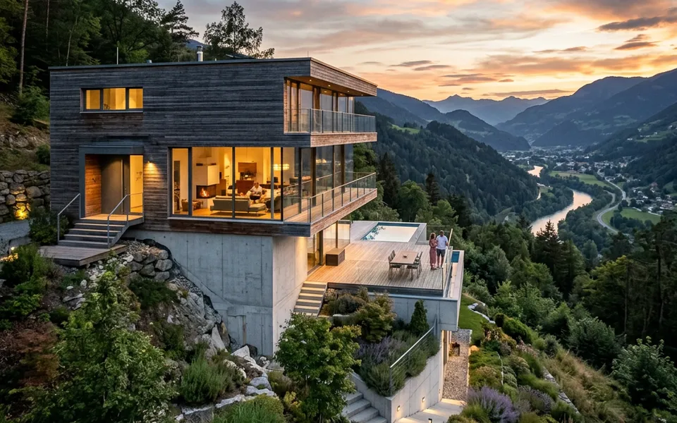 Modernes Hanghaus in Split-Level-Bauweise mit Glasfront und Blick ins Tal – Haus am Hang bauen 2026 Modernes Hanghaus in Split-Level-Bauweise mit Glasfront und Blick ins Tal – Haus am Hang bauen 2026