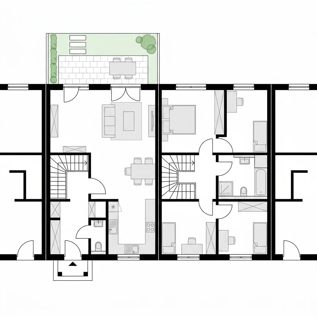 Grundriss Reihenmittelhaus RowLine R124 – 124 m² Reihenhaus mit 4 Zimmern