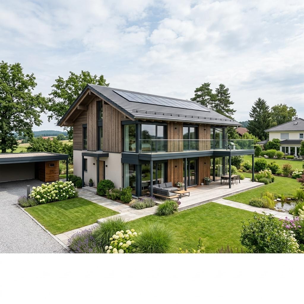 Fertighaus Süddeutschland: modernes Holzhaus im Alpenstil als Neubau, Beispielmotiv für die Region