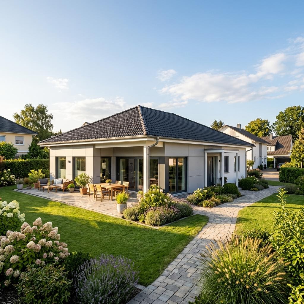 Grundriss Bungalow 120 qm – Beispiel ebenerdiger Neubau Grundriss Bungalow 120 qm: ebenerdiger Bungalow als Neubau, Beispielmotiv zur Wohnfläche