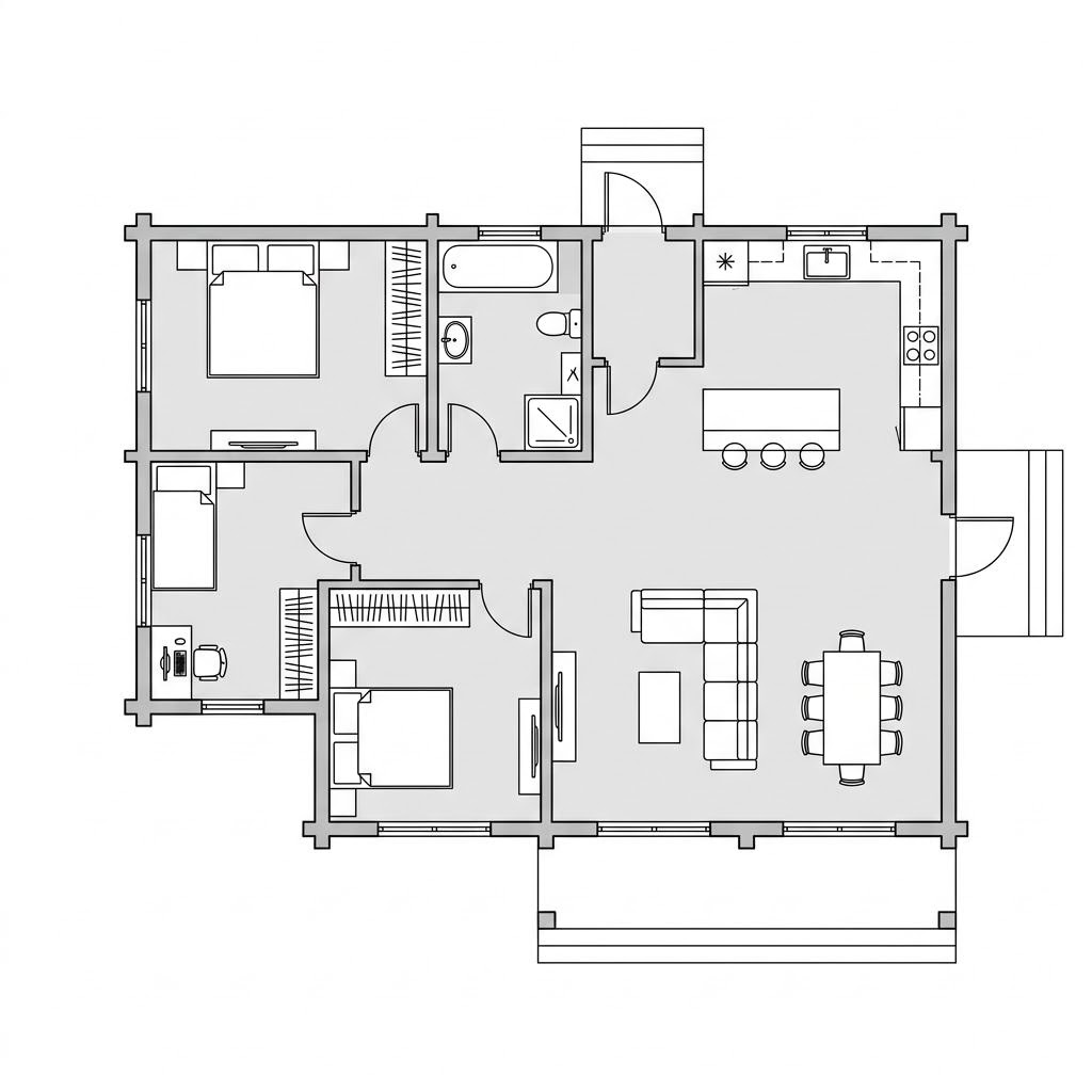 Grundriss Flatwood Green 90 – 95 m² Blockhaus mit 3 Zimmern