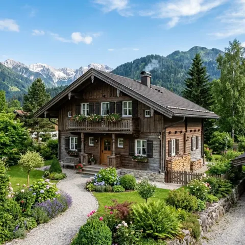 Holzchalet mit weitem Dachüberstand als Beispiel für berggerechte Architektur