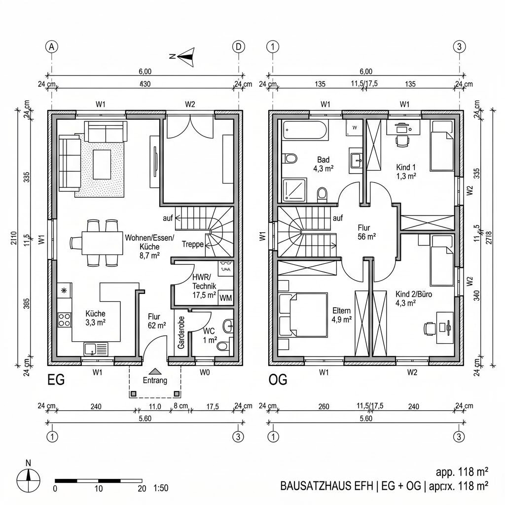 Grundriss Pro 118 Bausatz – 118 m² Bausatzhaus mit 4 Zimmern