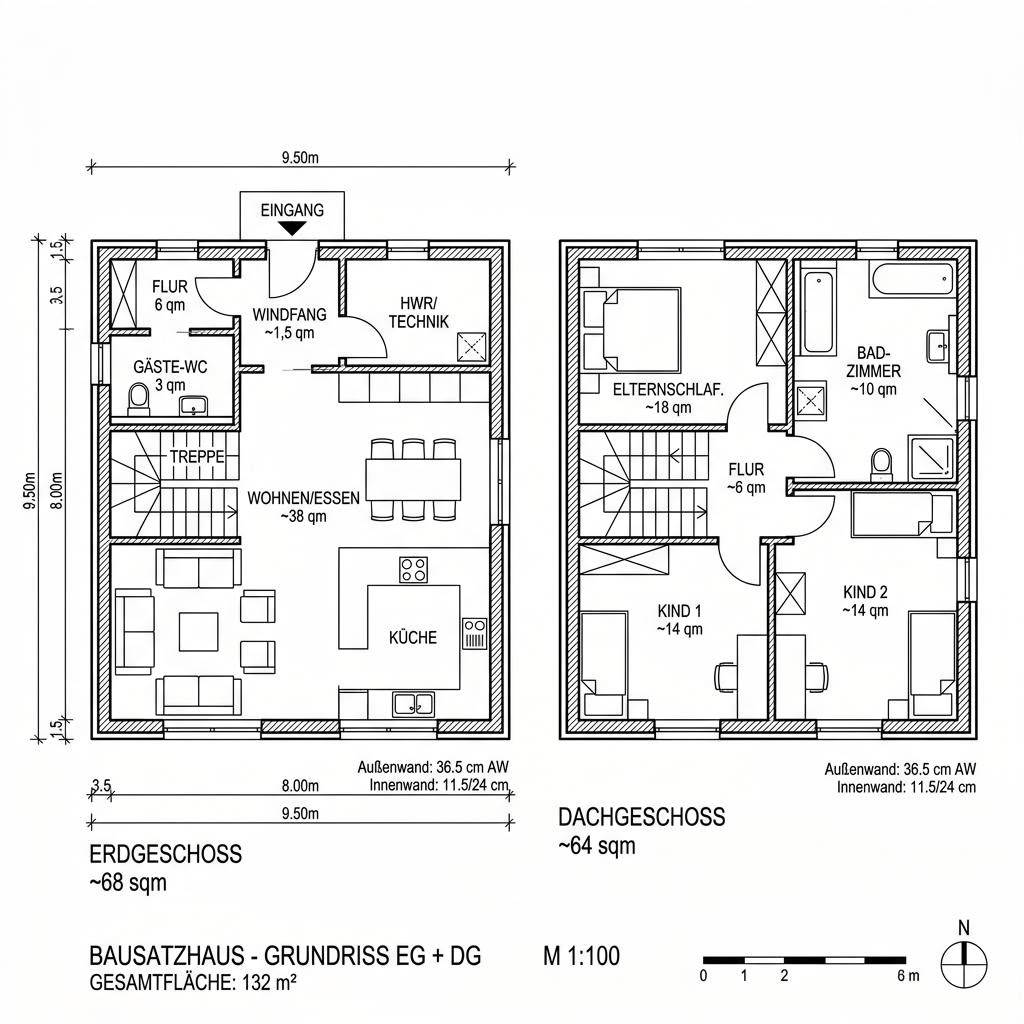 Grundriss Pro 132 Bausatz – 132 m² Bausatzhaus mit 5 Zimmern