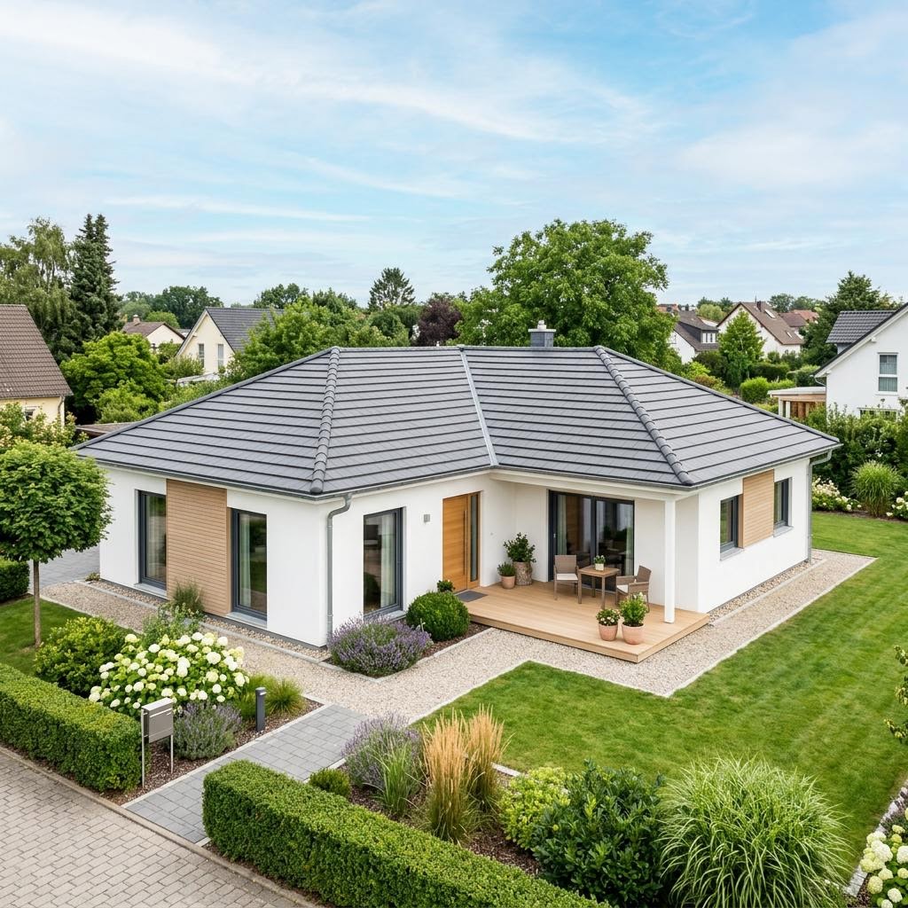 Fertighaus bis 100.000 € – Beispiel kompakter Bungalow Fertighaus bis 100.000 €: kompakter Bungalow als Neubau, Beispielmotiv für das Budget