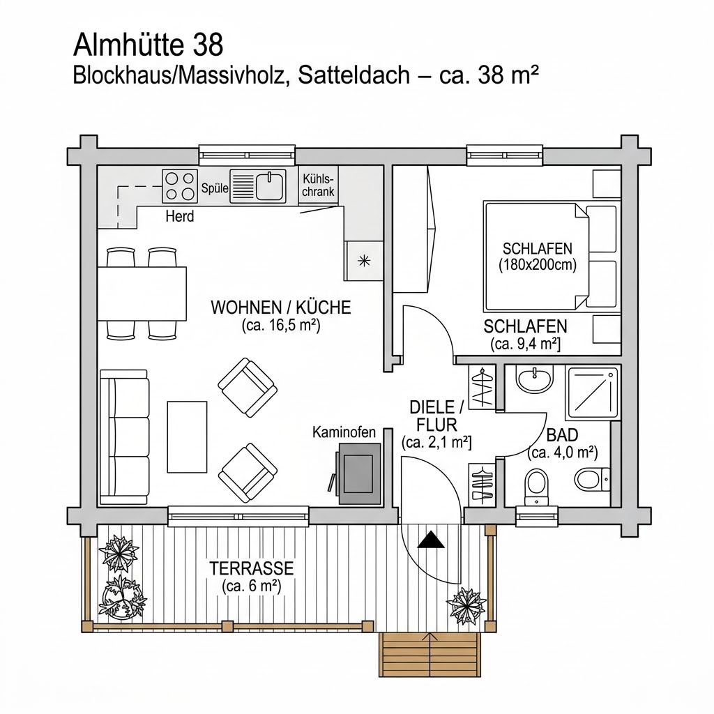 Grundriss Almhütte 38 – 38 m² Ferienhaus mit 1 Zimmern