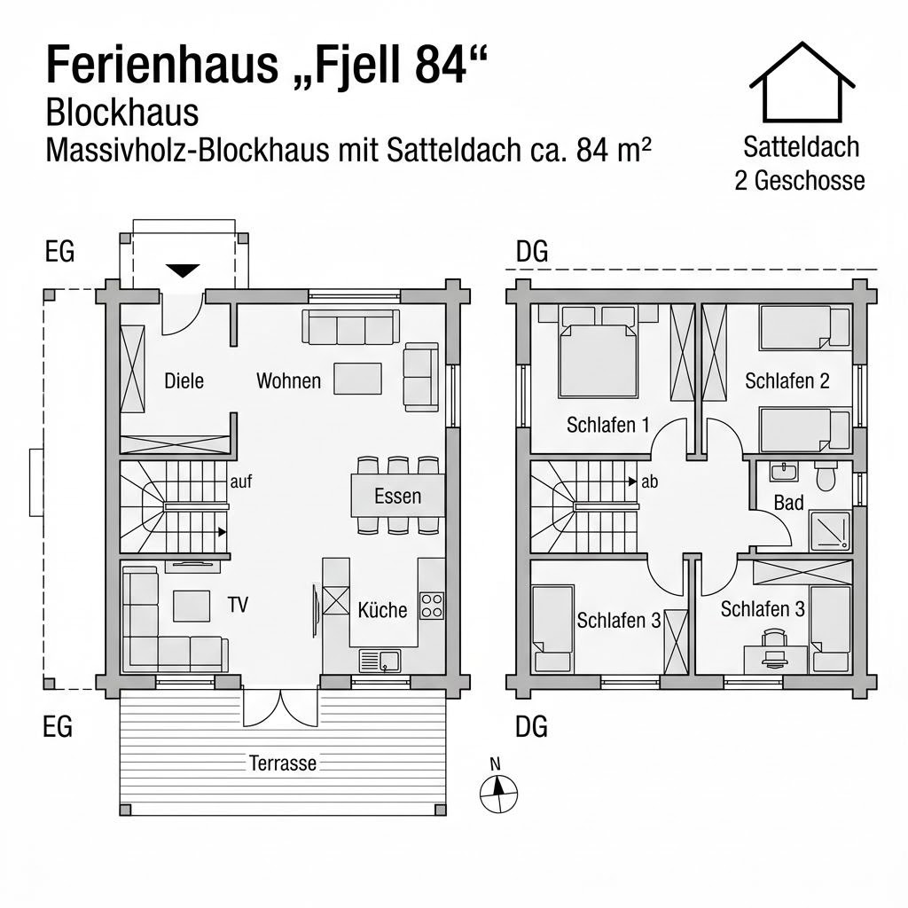 Grundriss Fjell 84 – 84 m² Ferienhaus mit 4 Zimmern