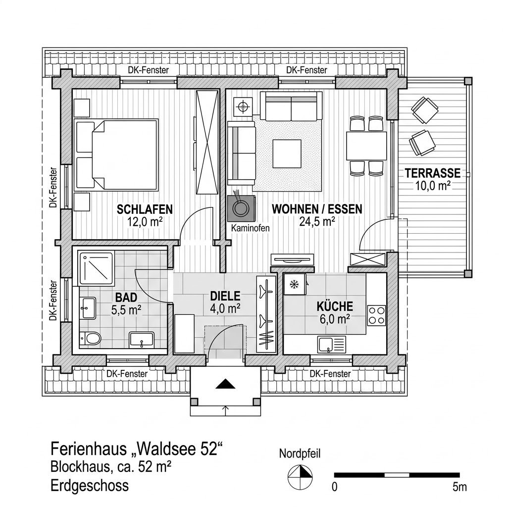 Grundriss Waldsee 52 – 52 m² Ferienhaus mit 2 Zimmern