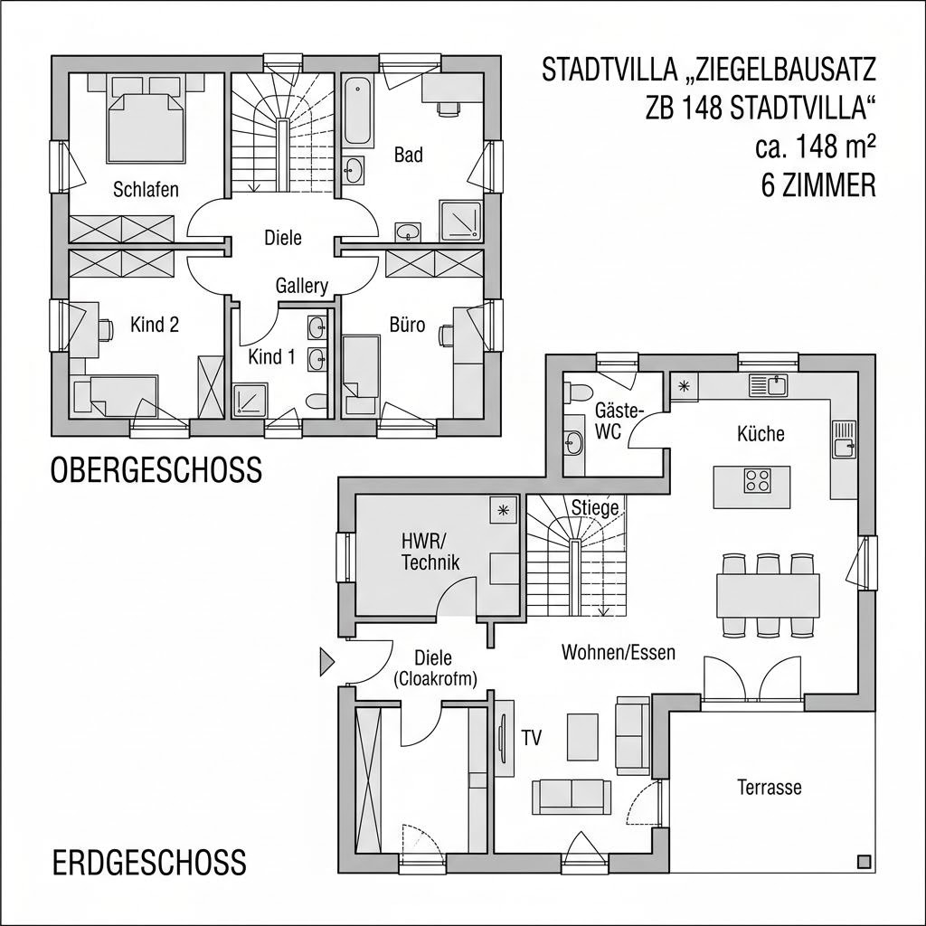 Grundriss Ziegelbausatz ZB 148 Stadtvilla – 148 m² Stadtvilla mit 6 Zimmern