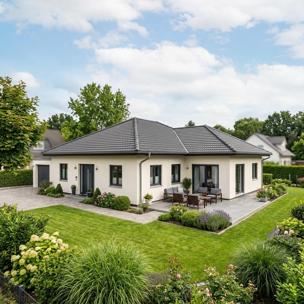 Bungalow-Grundriss 5 Zimmer – Beispiel ebenerdiger Neubau Bungalow-Grundriss 5 Zimmer: großer ebenerdiger Winkelbungalow als Neubau, Beispielmotiv