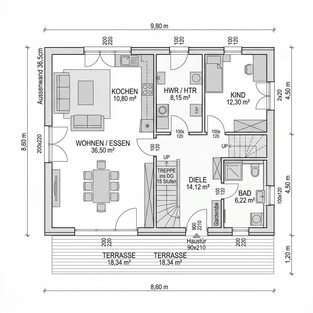 Grundriss Bausatzhaus Basic 140 – 140 m² Bausatzhaus mit 5 Zimmern
