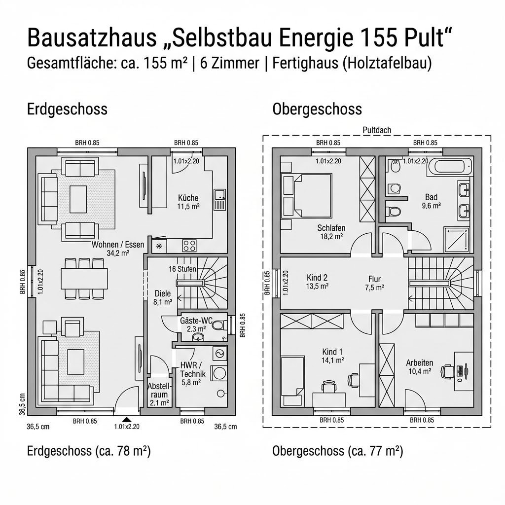 Grundriss Selbstbau Energie 155 Pult – 155 m² Bausatzhaus mit 6 Zimmern