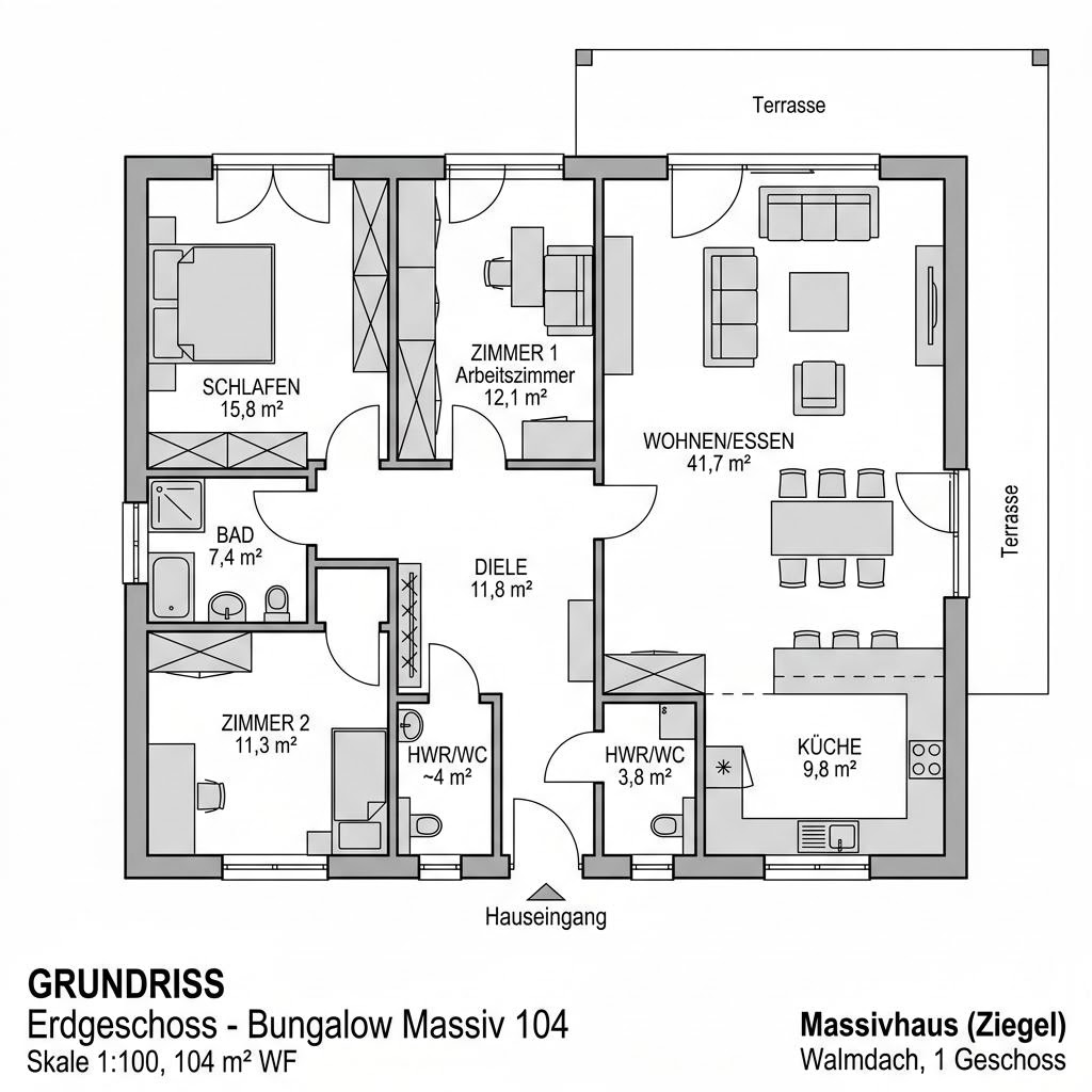 Grundriss Bungalow Massiv 104 – 104 m² Bungalow mit 4 Zimmern