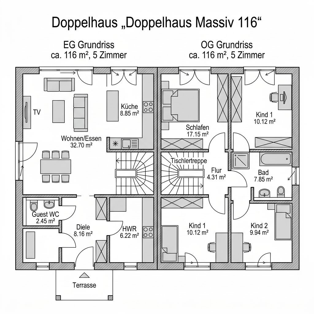 Grundriss Doppelhaus Massiv 116 – 116 m² Doppelhaus mit 5 Zimmern