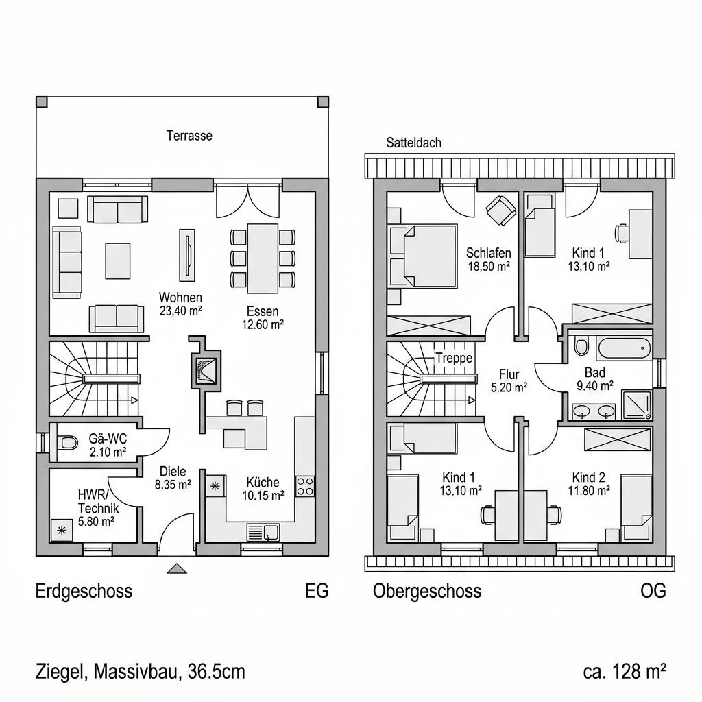 Grundriss EFH Massiv 128 – 128 m² Bausatzhaus mit 5 Zimmern