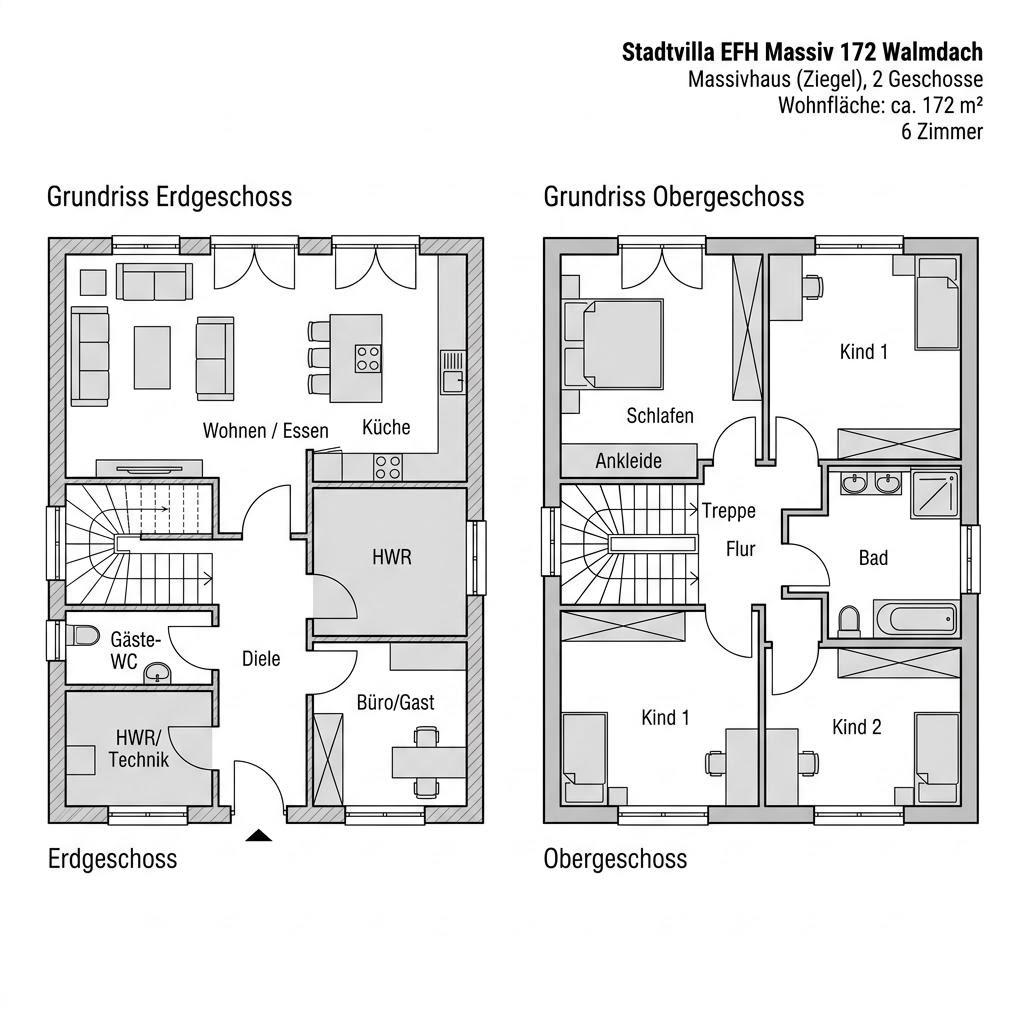 Grundriss EFH Massiv 172 Walmdach – 172 m² Stadtvilla mit 6 Zimmern