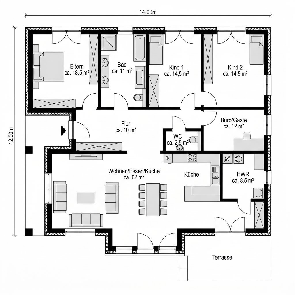 Grundriss BGL 168 – 168 m² Bausatzhaus mit 5 Zimmern