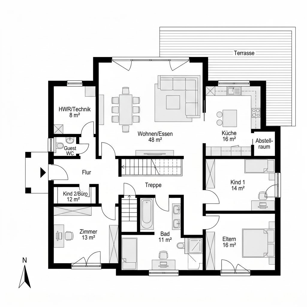 Grundriss BHS 182 – 175 m² Bausatzhaus mit 6 Zimmern
