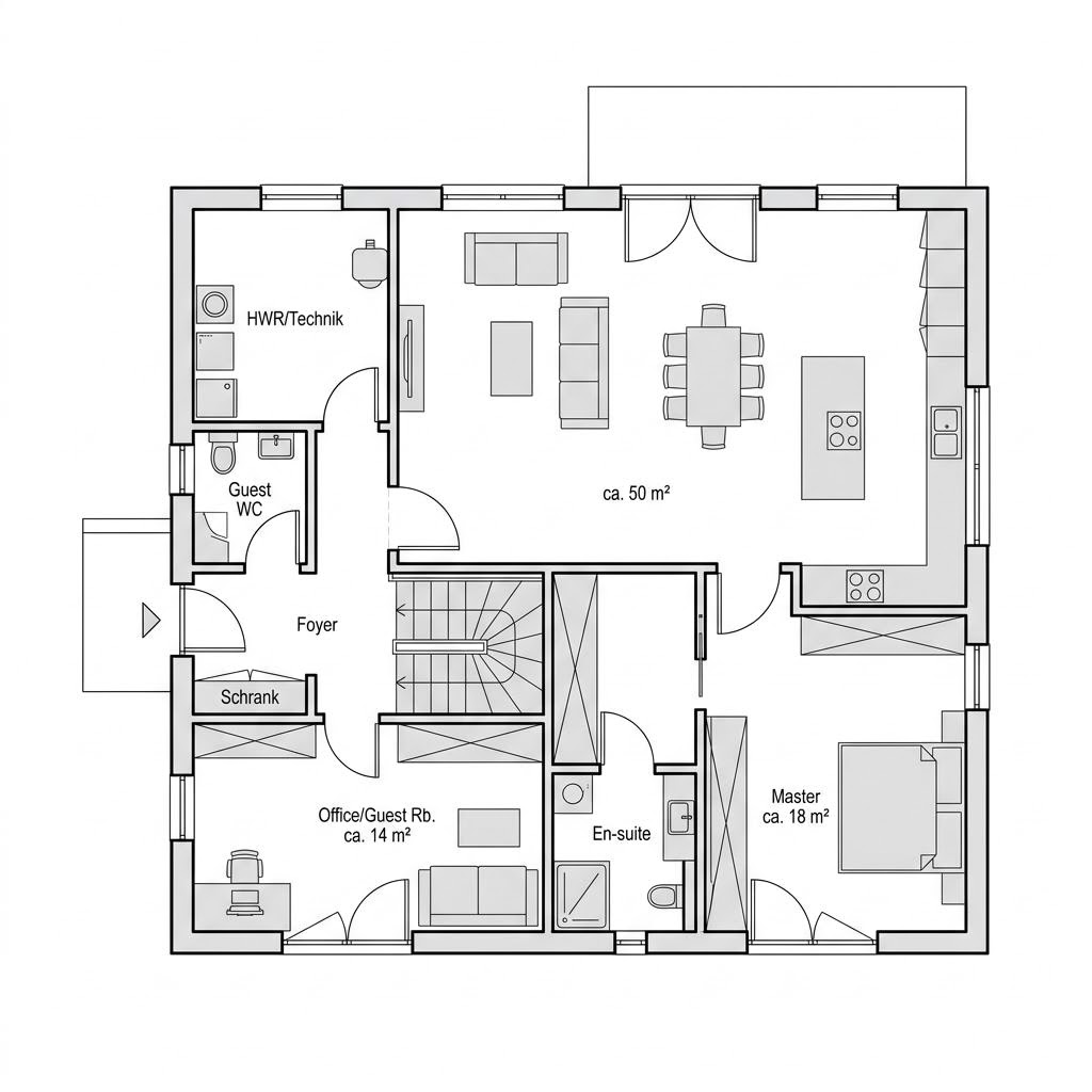 Grundriss EFH 146 – 144 m² Bausatzhaus mit 5 Zimmern