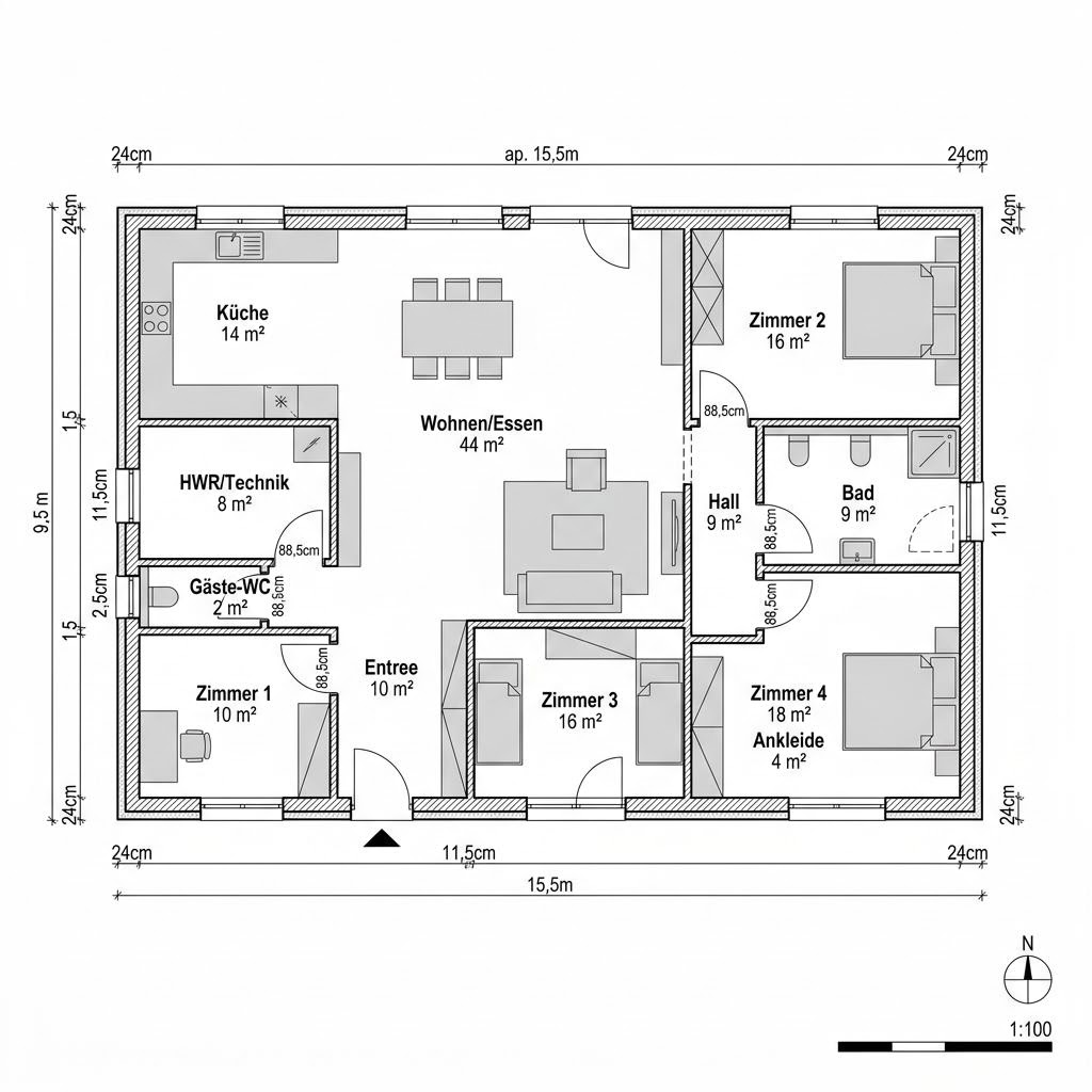 Grundriss EFH 148 – 148 m² Bausatzhaus mit 5 Zimmern