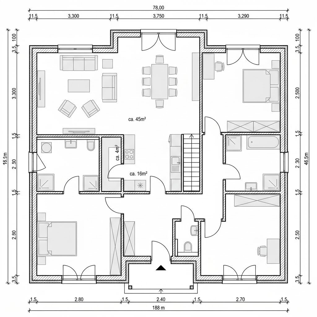 Grundriss EFH 190 – 188 m² Bausatzhaus mit 6 Zimmern