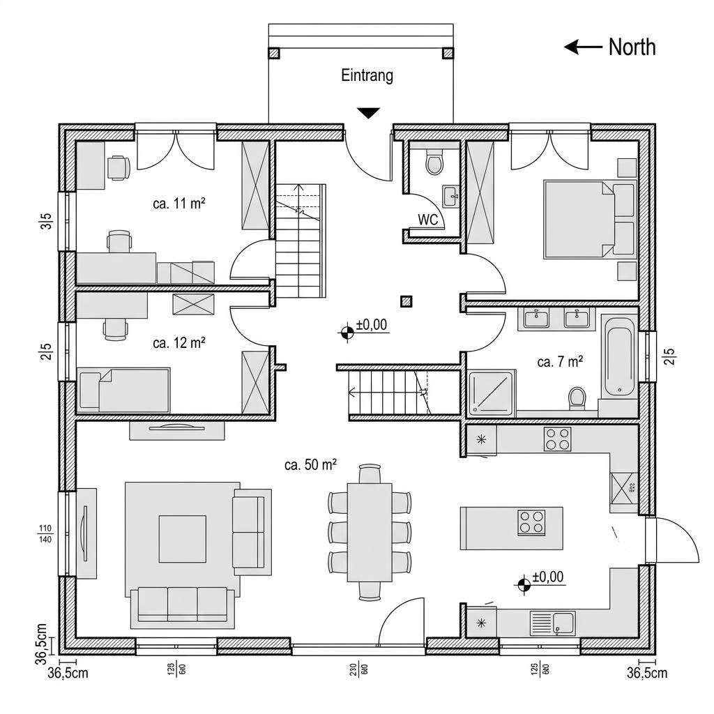 Grundriss STV 107 – 108 m² Bausatzhaus mit 4 Zimmern