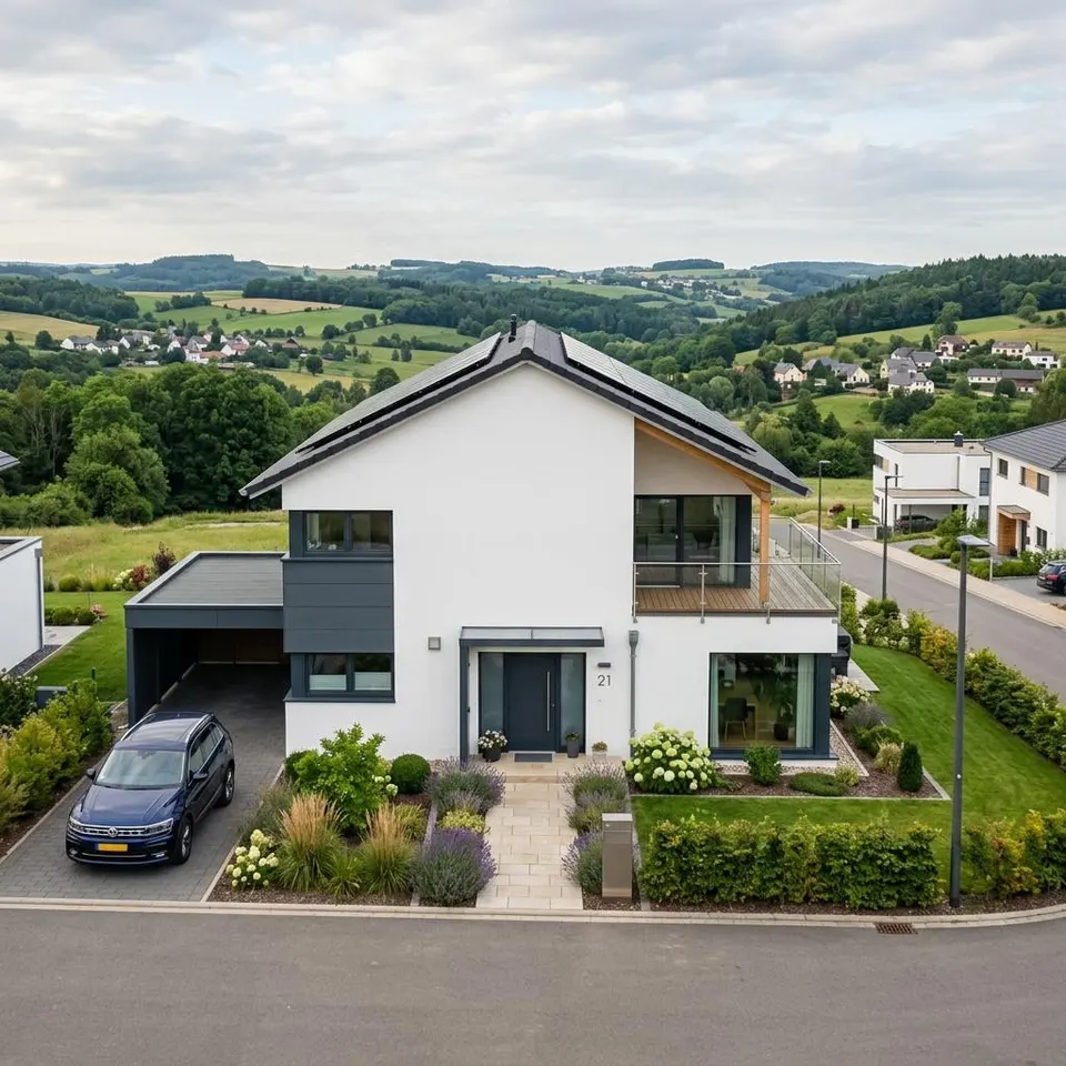 Niedrigstenergie-Fertighaus in einem luxemburgischen Neubaugebiet mit gepflegtem Vorgarten – Fertighaus bauen in Luxemburg 2026 Niedrigstenergie-Fertighaus in einem luxemburgischen Neubaugebiet mit gepflegtem Vorgarten – Fertighaus bauen in Luxemburg 2026