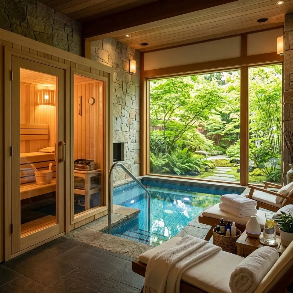 Privater Spa-Bereich mit Holzsauna und kleinem Innenpool, große Fensterfront zum Garten – Sauna und Spa im Fertighaus