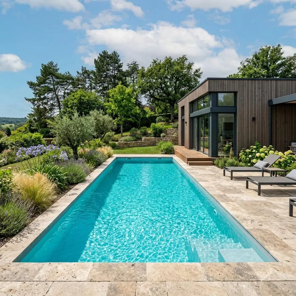 Rechteckiges GFK-Schwimmbecken mit klarem Wasser und Steinumrandung neben einem modernen Holz-Fertighaus – Schwimmbecken im Garten